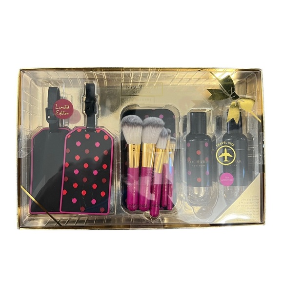 Isaac Mizrah New York Black Pink Luggage Tags Travel Bottles Makeup Brush Set - Picture 1 of 3